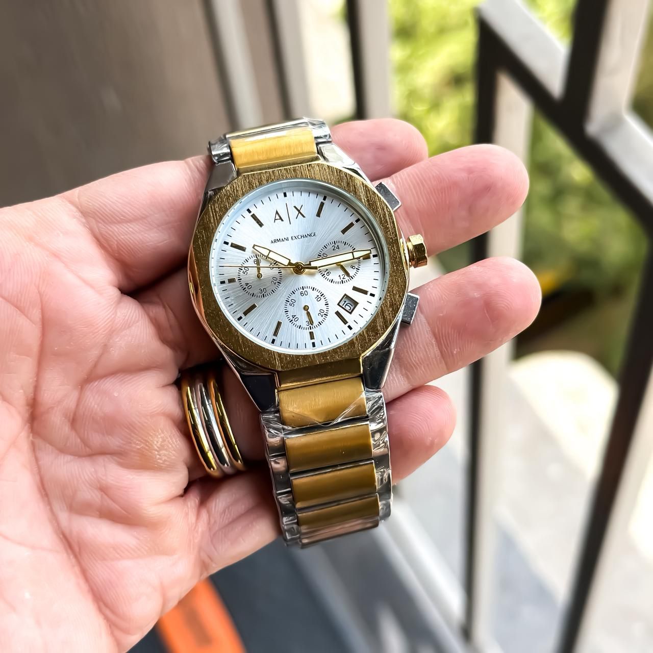 Emporio Armani White Dial Gold & Silver Two-Tone Stainless Steel Multifunction Watch