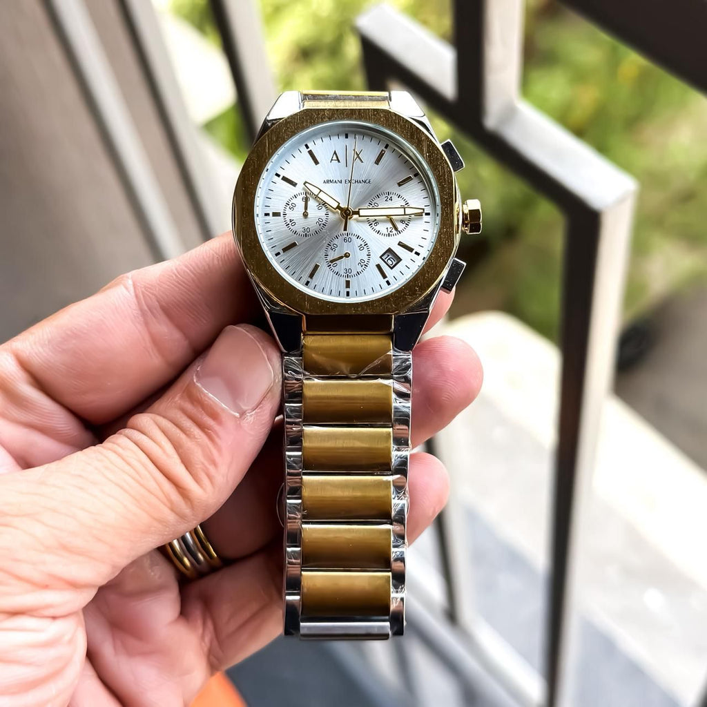 Emporio Armani White Dial Gold & Silver Two-Tone Stainless Steel Multifunction Watch