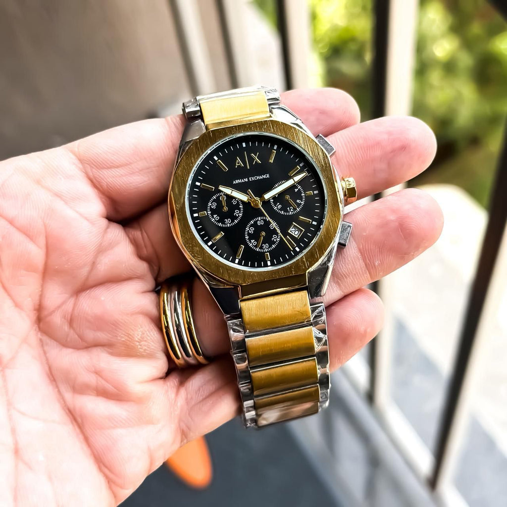 Emporio Armani Black Dial Gold & Silver Two-Tone Stainless Steel Multifunction Watch