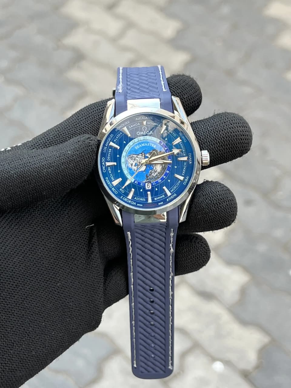 OmegA Sea Master World Map Blue Back Open Quartz Men's Watch