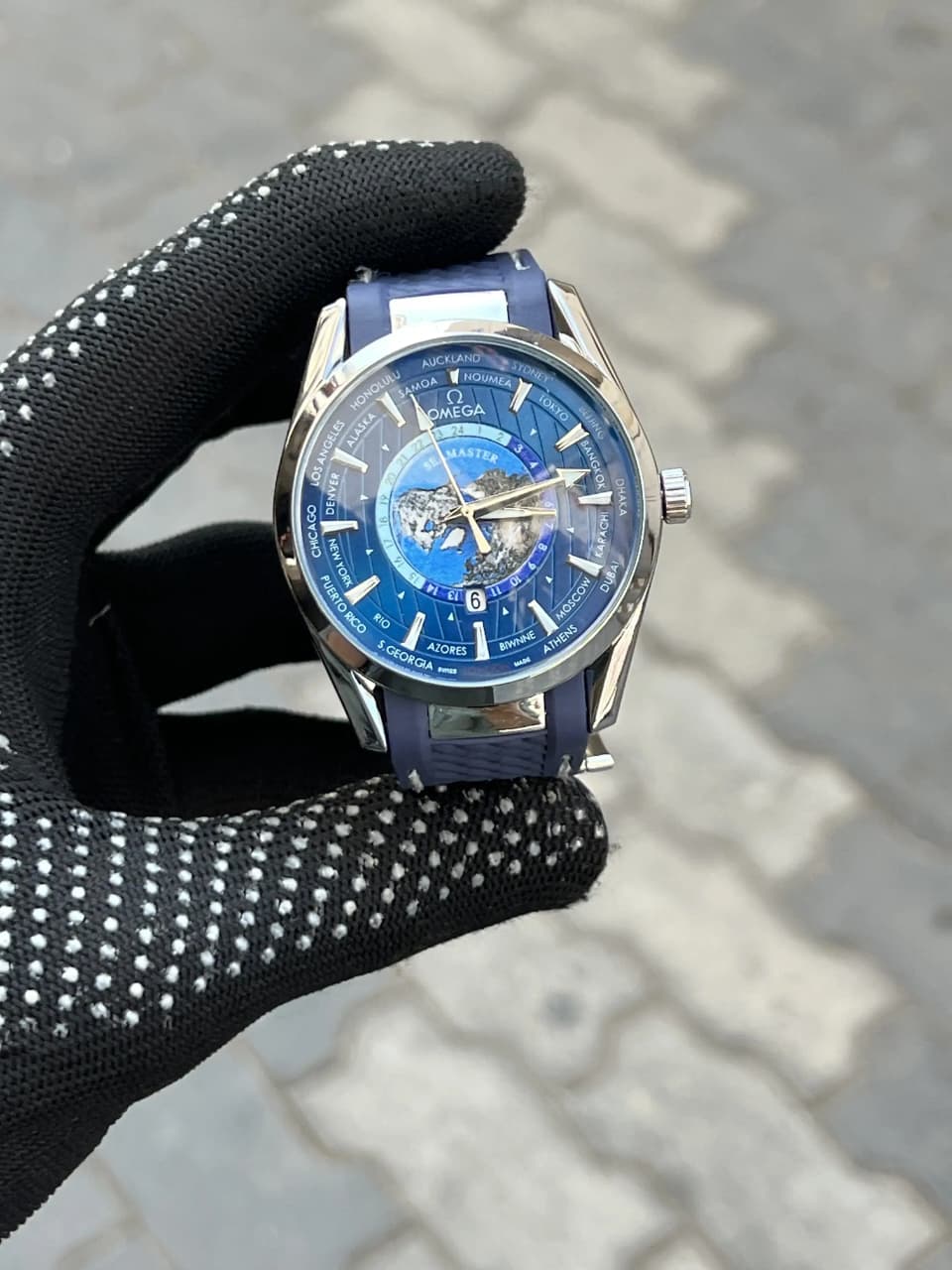 OmegA Sea Master World Map Blue Back Open Quartz Men's Watch