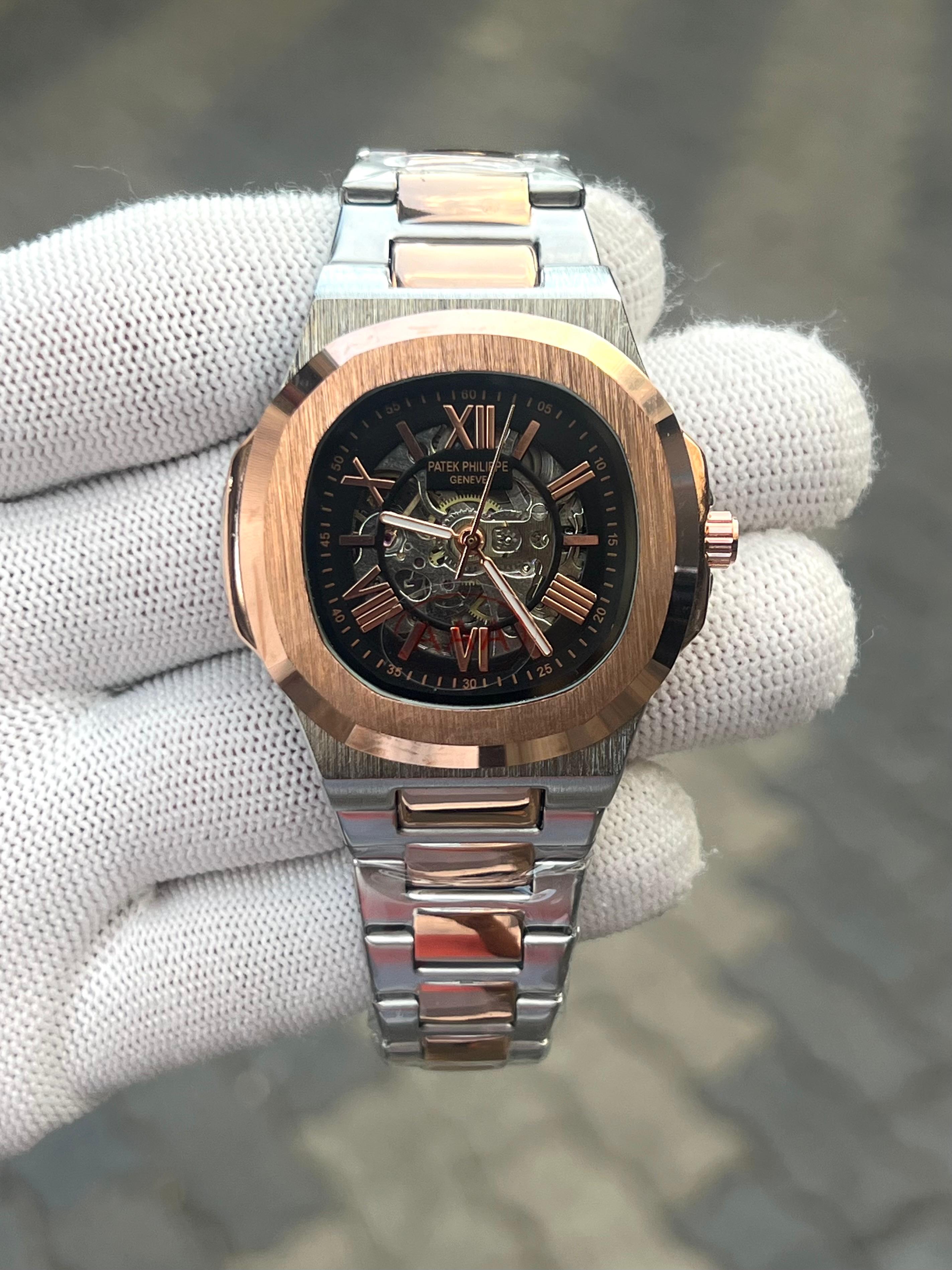 Patek Phillipe Two Tone Black Skeleton Men's Watch