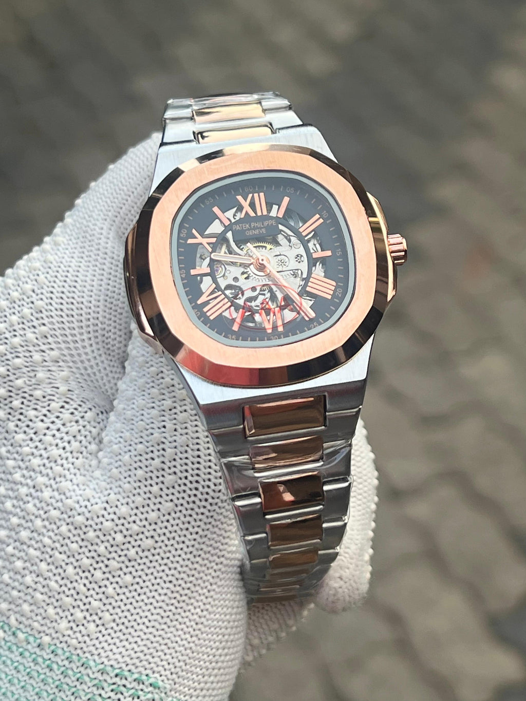 Patek Phillipe Two Tone Black Skeleton Men's Watch