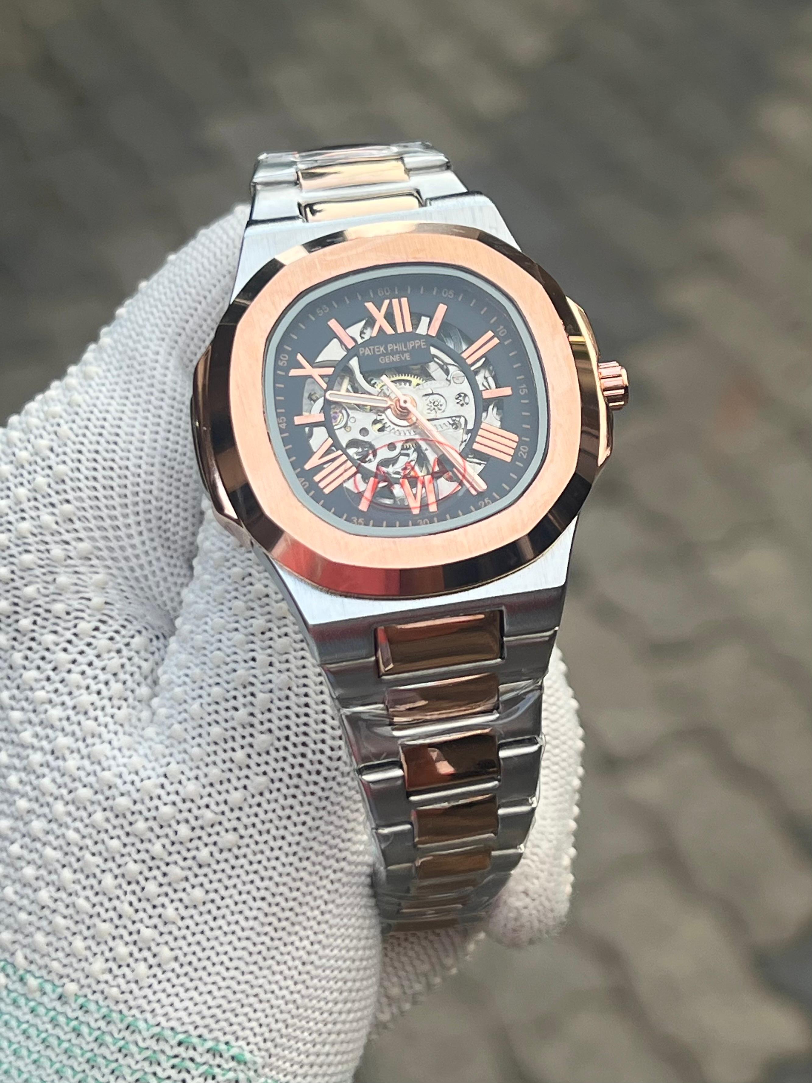 Patek Phillipe Two Tone Black Skeleton Men's Watch