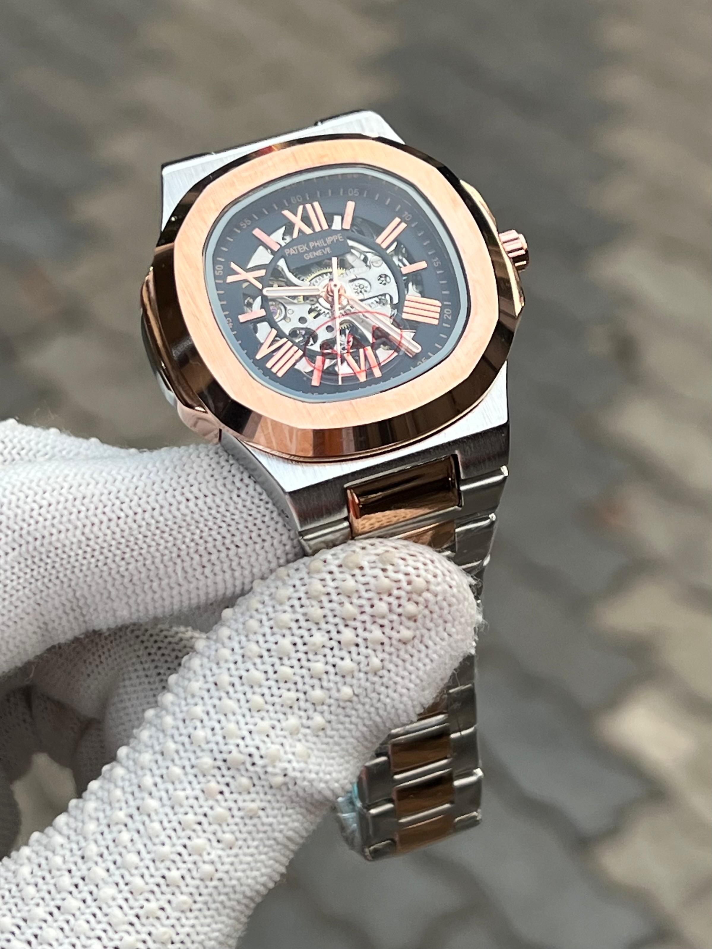 Patek Phillipe Two Tone Black Skeleton Men's Watch