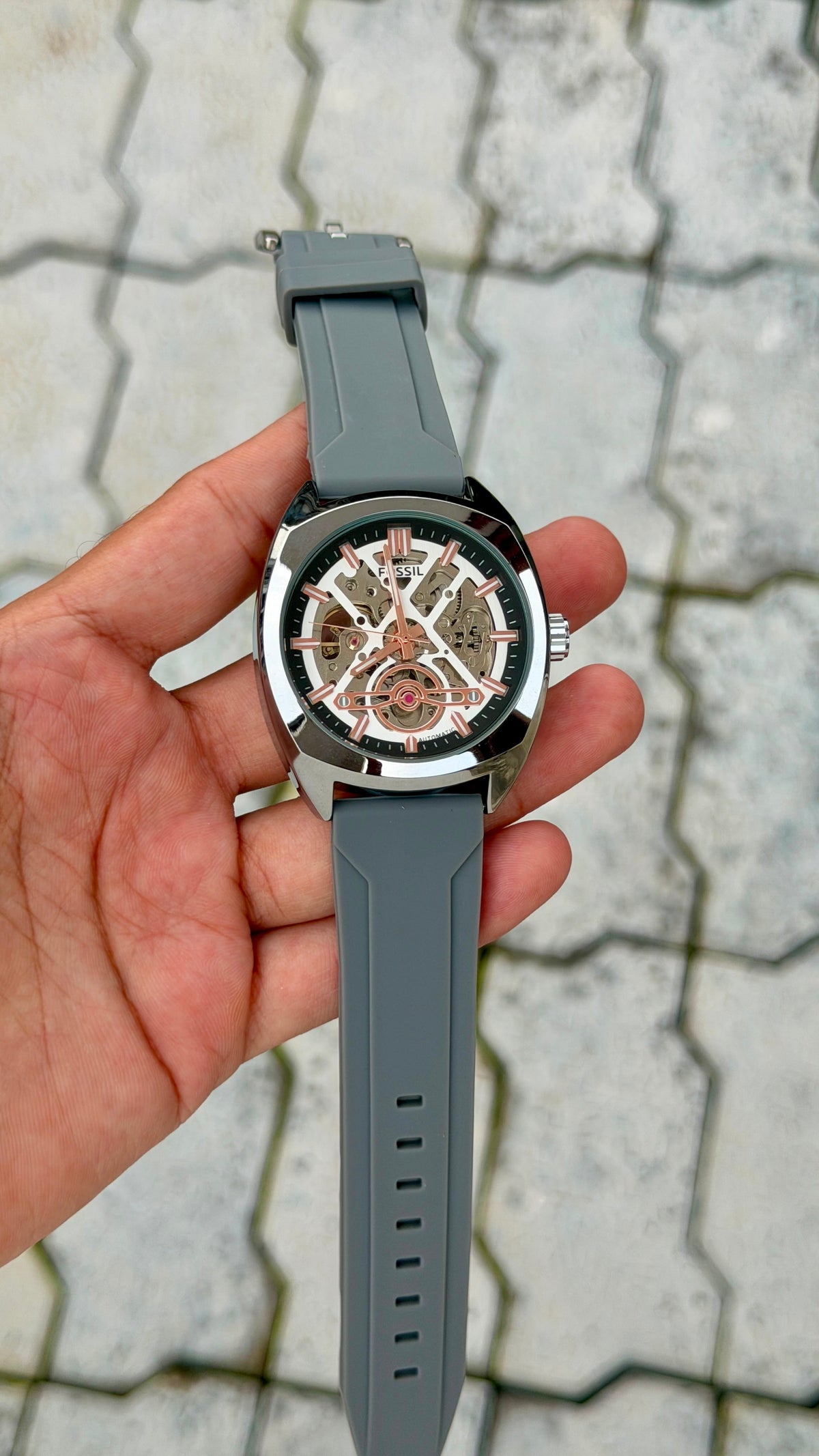 Fossil Automatic Skeleton Grey Silicone Strap Watch – Silver Case Rose Gold Accents