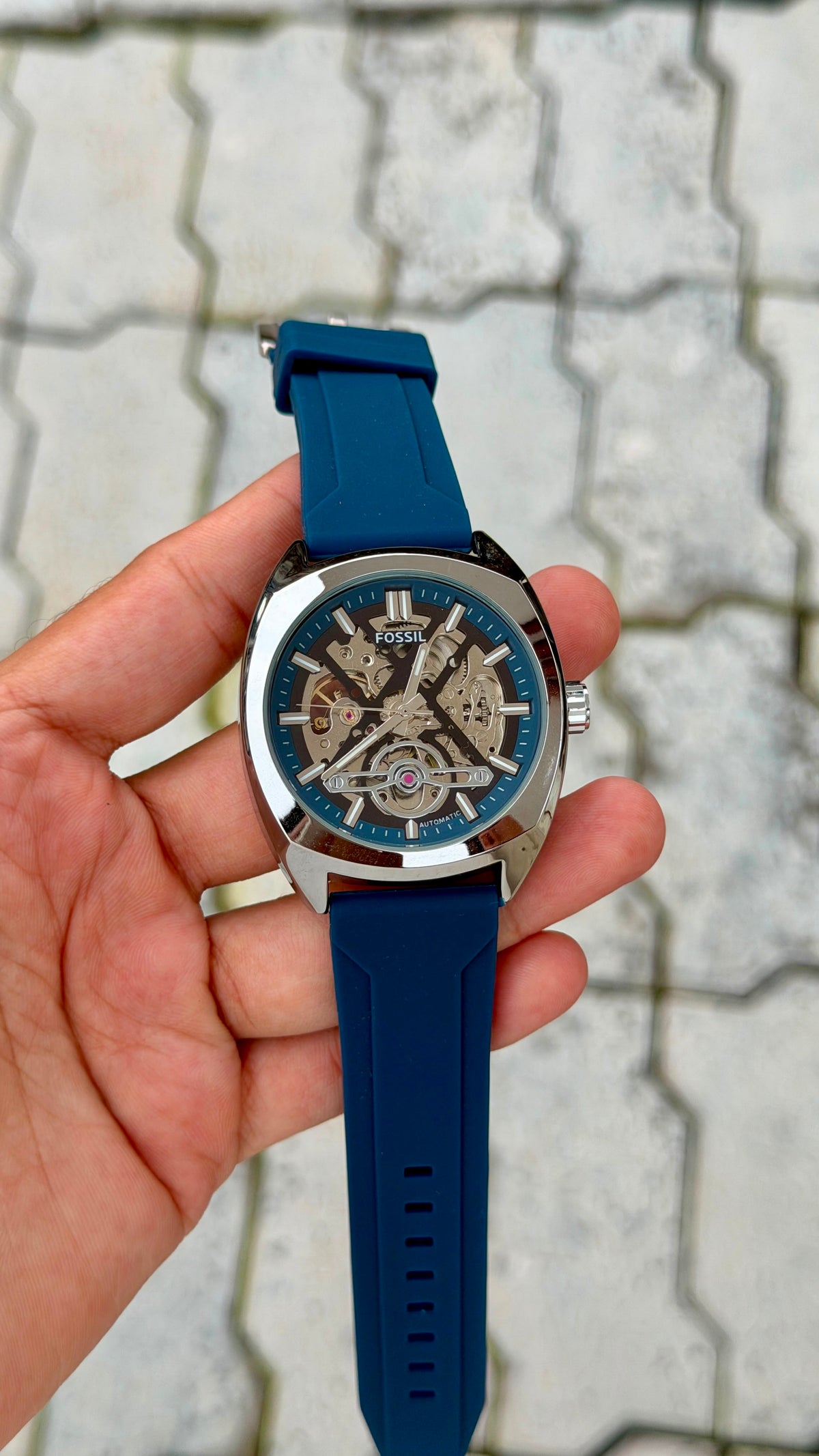 Fossil Automatic Skeleton Blue Silicone Strap Watch – Silver Case
