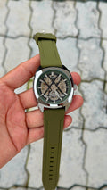 Fossil Automatic Skeleton Olive Silicone Strap Watch – Silver Case