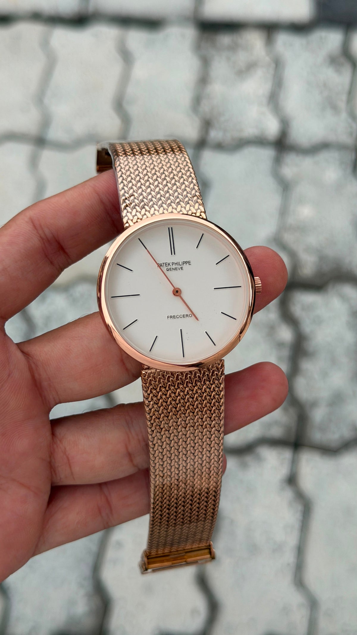 Patek Philippe Geneve Freccero White Dial Rose Gold Mesh Watch