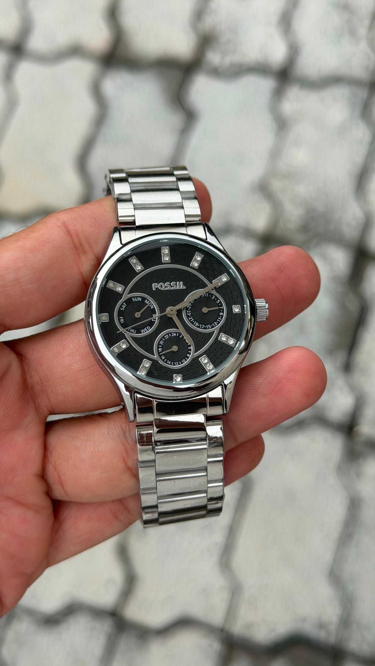 Fossil Silver Stainless Steel Black Dial Watch