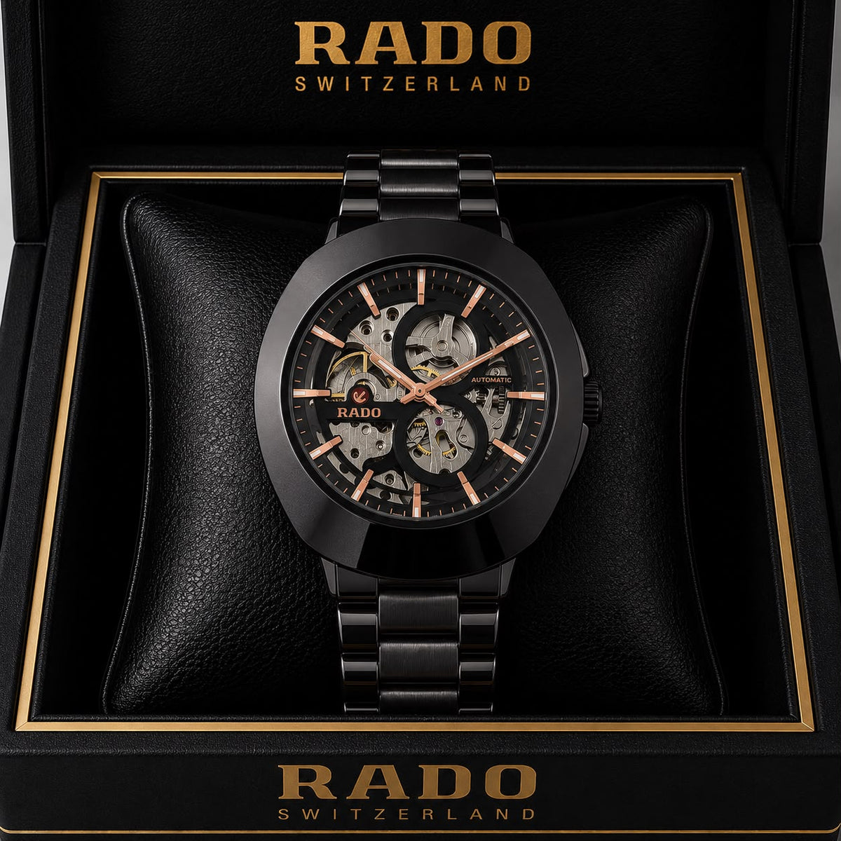 Rado DiaStar Skeleton Full Black Rose Gold Hands Men's Watch