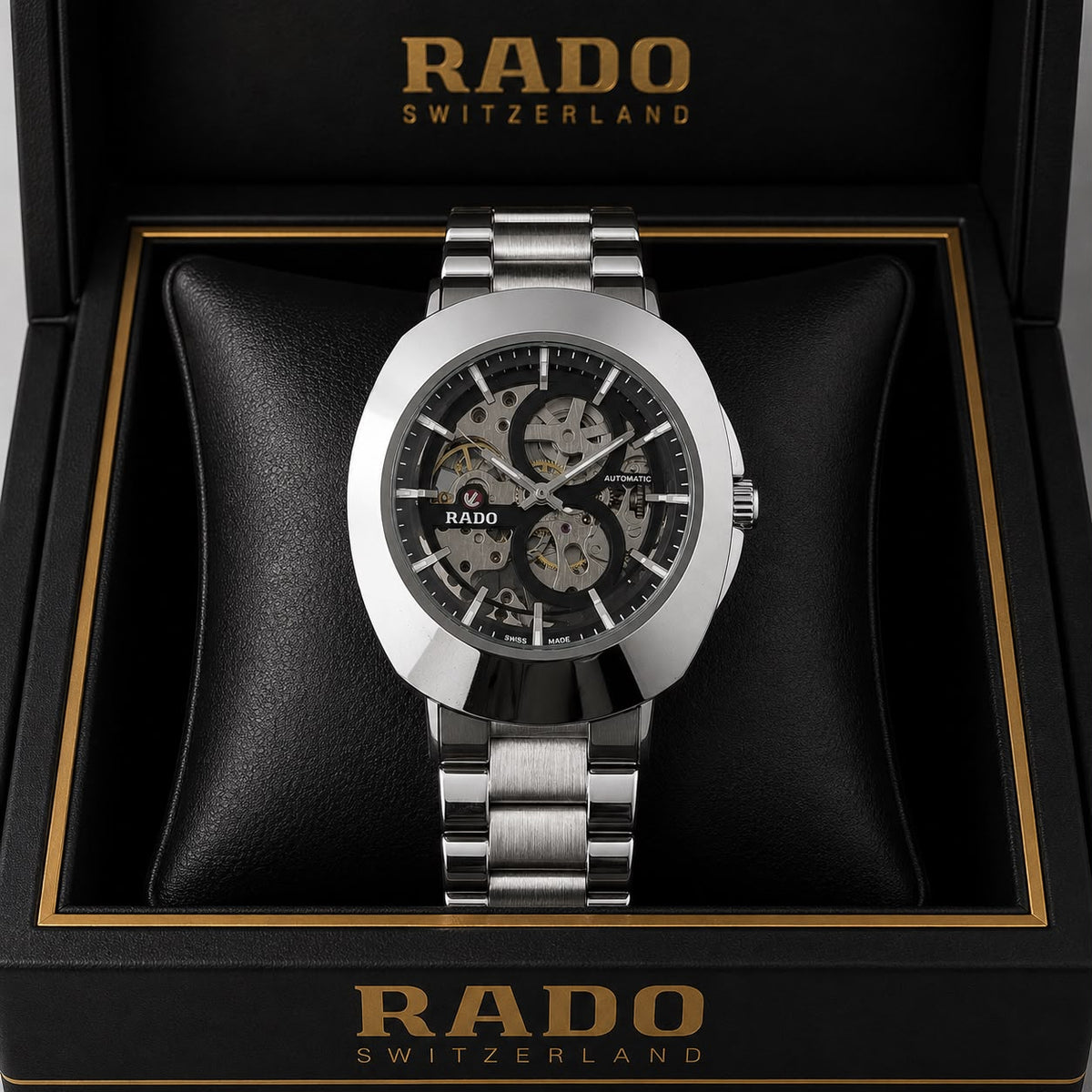 Rado DiaStar Skeleton Black Dial Silver Strap Men's Watch