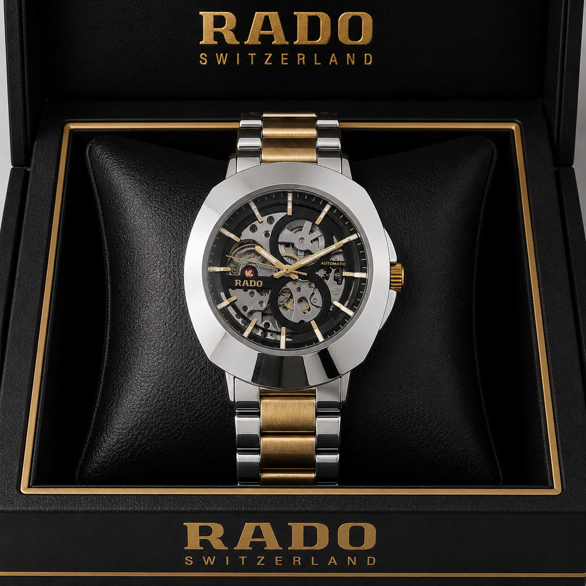 Rado DiaStar Skeleton Black Dial Gold And Silver Strap Men's Watch