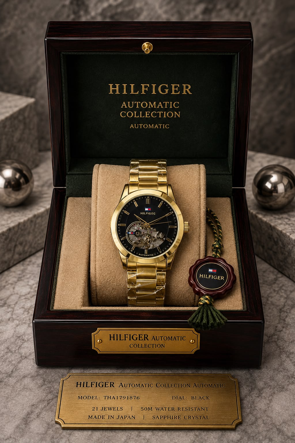 Tommy Hilfiger Men’s Automatic Skeleton Watch Stainless Steel Gold Black Color Mechanical Wrist Watch