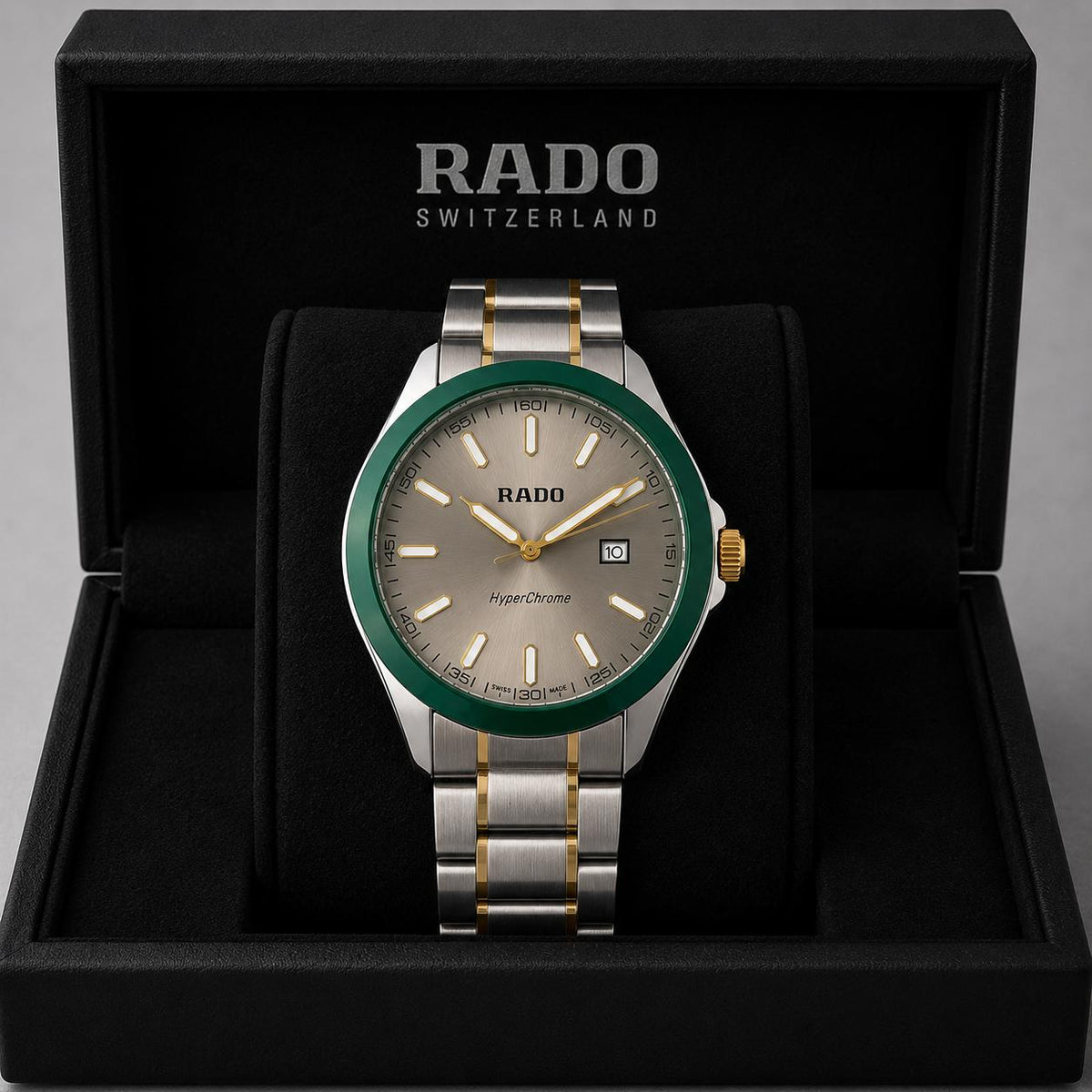 Rado Silver Dial Green Bezel Two-Tone Stainless Steel Luxury Watch