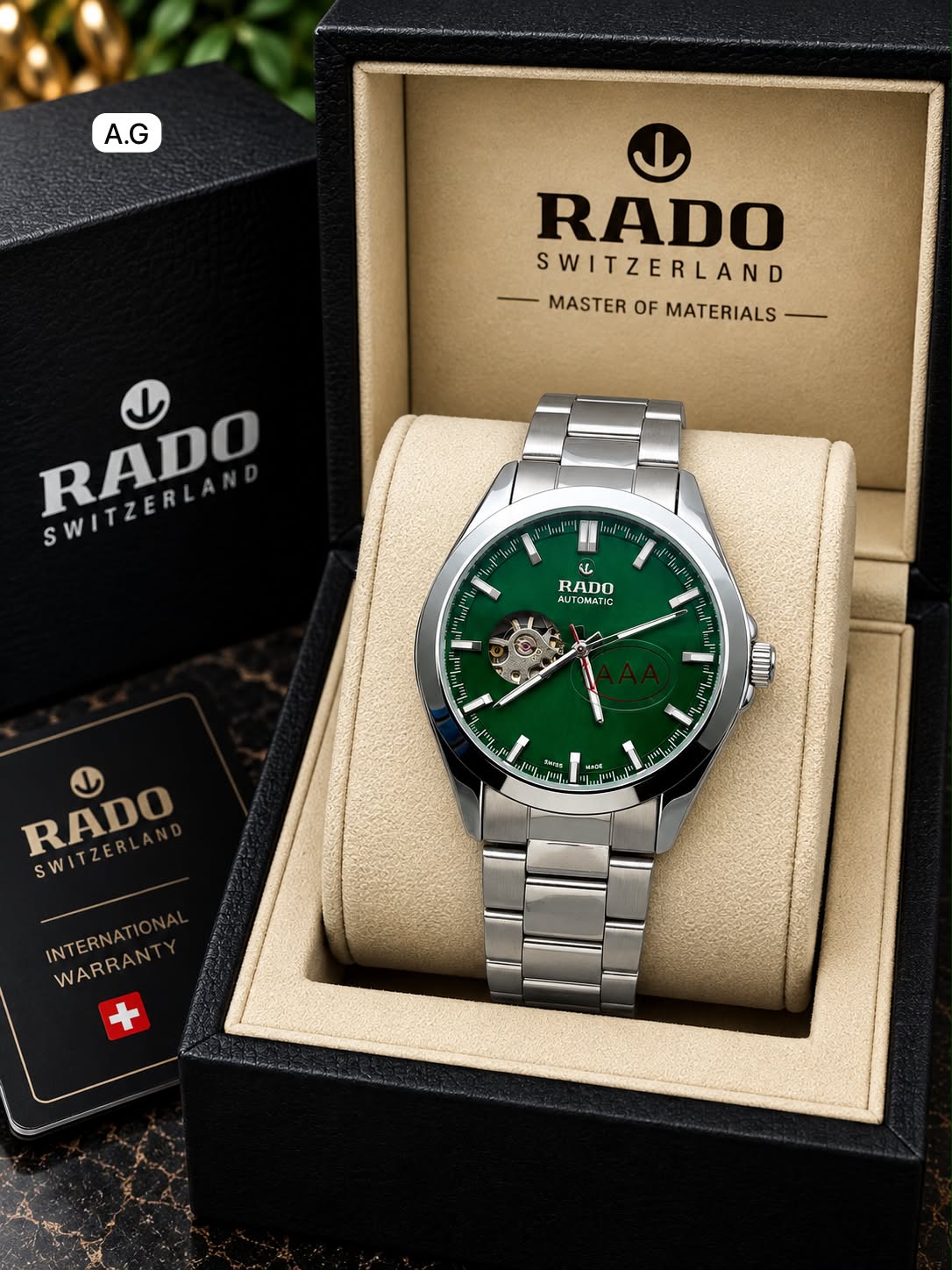 Rado Green Dial Silver Stainless Steel Automatic Open Heart Watch