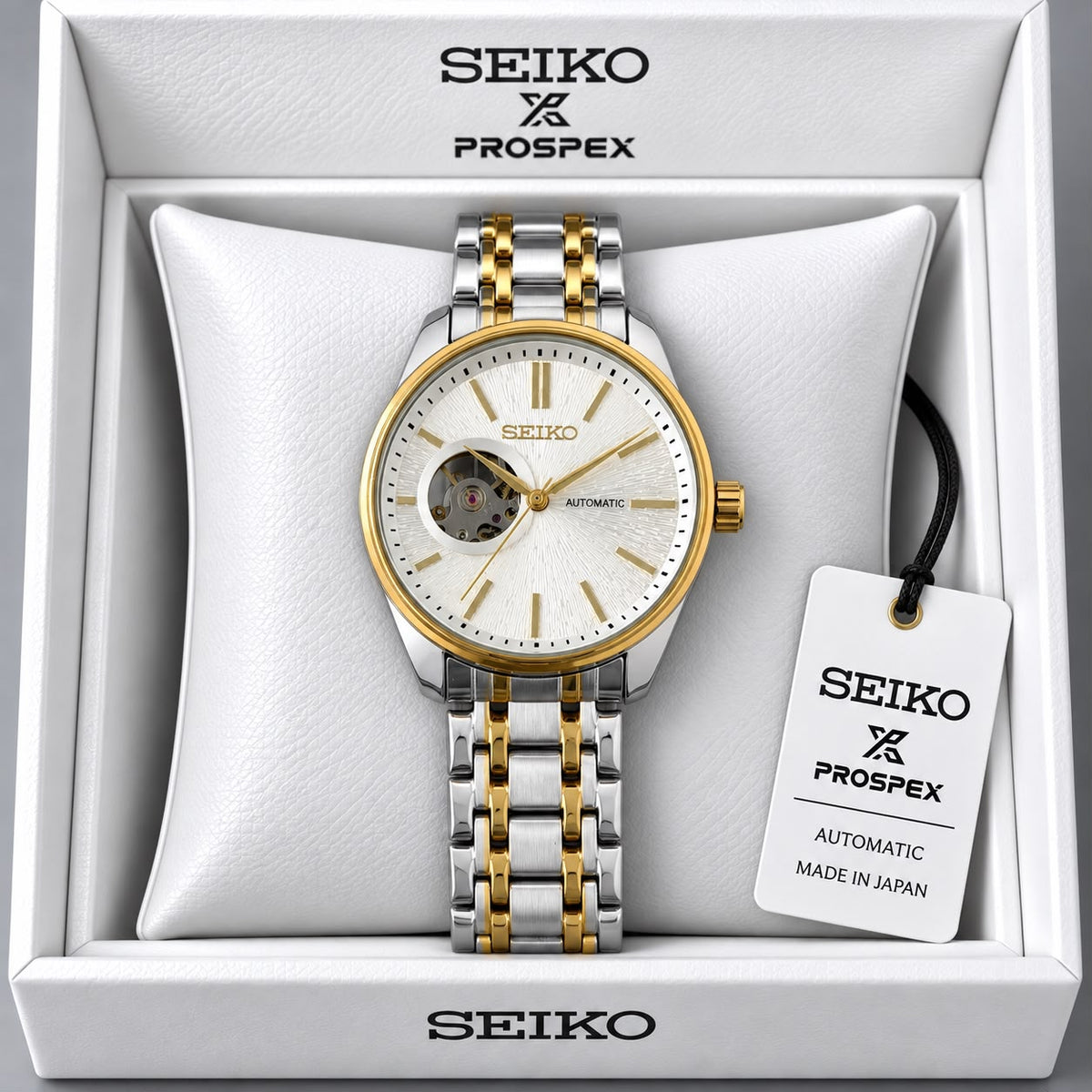 Seiko White Dial Two-Tone Stainless Steel Automatic Open Heart Watch