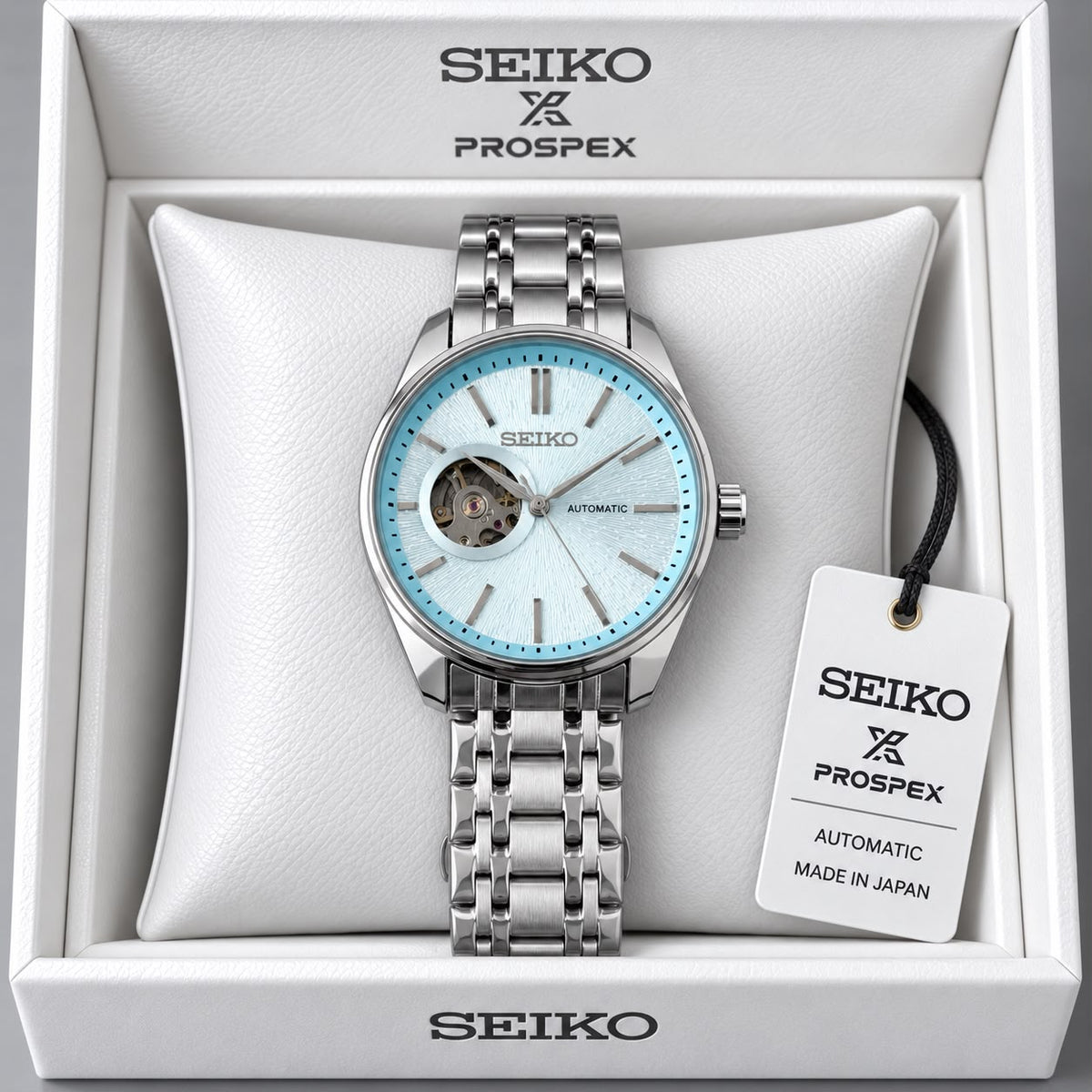 Seiko Light Blue Dial Stainless Steel Automatic Open Heart Watch