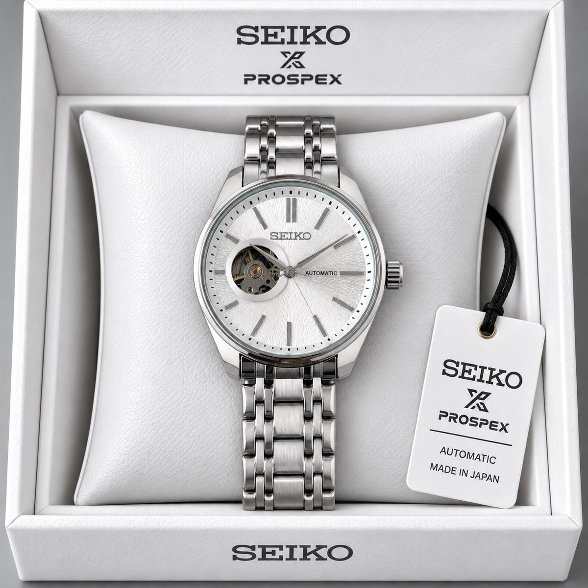 Seiko White Dial Stainless Steel Automatic Open Heart Watch