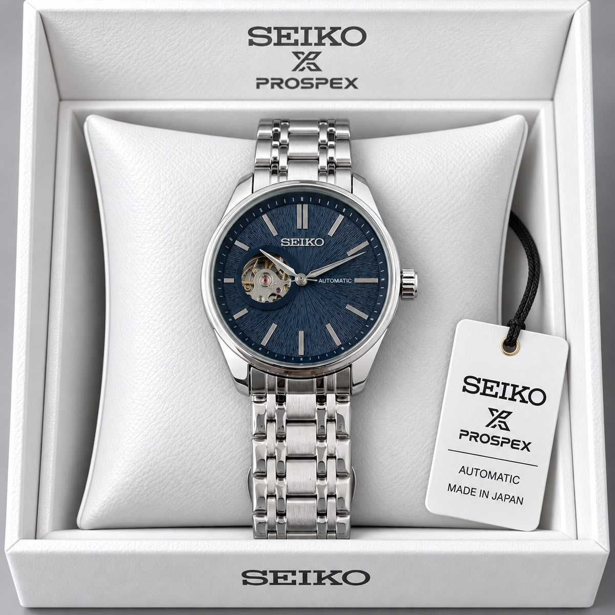 Seiko Blue Dial Stainless Steel Automatic Open Heart Watch