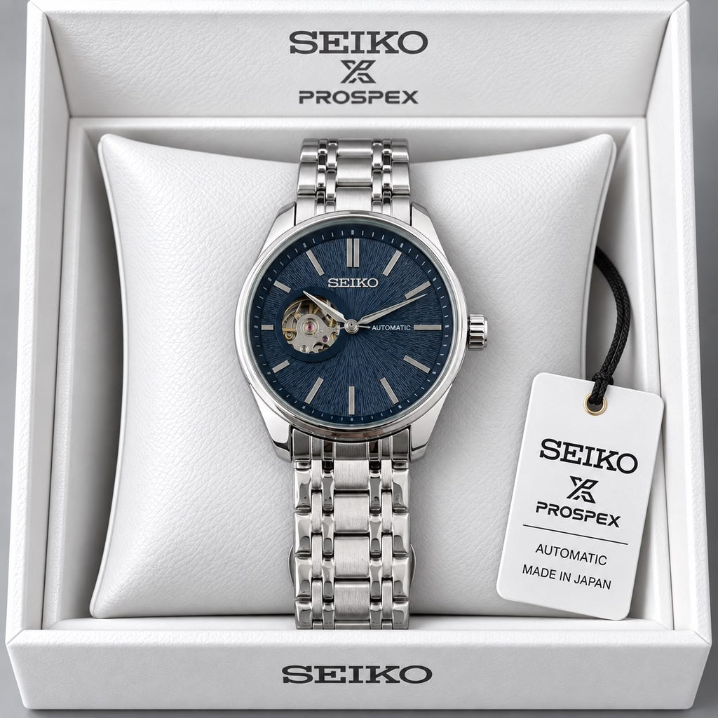 Seiko Blue Dial Stainless Steel Automatic Open Heart Watch