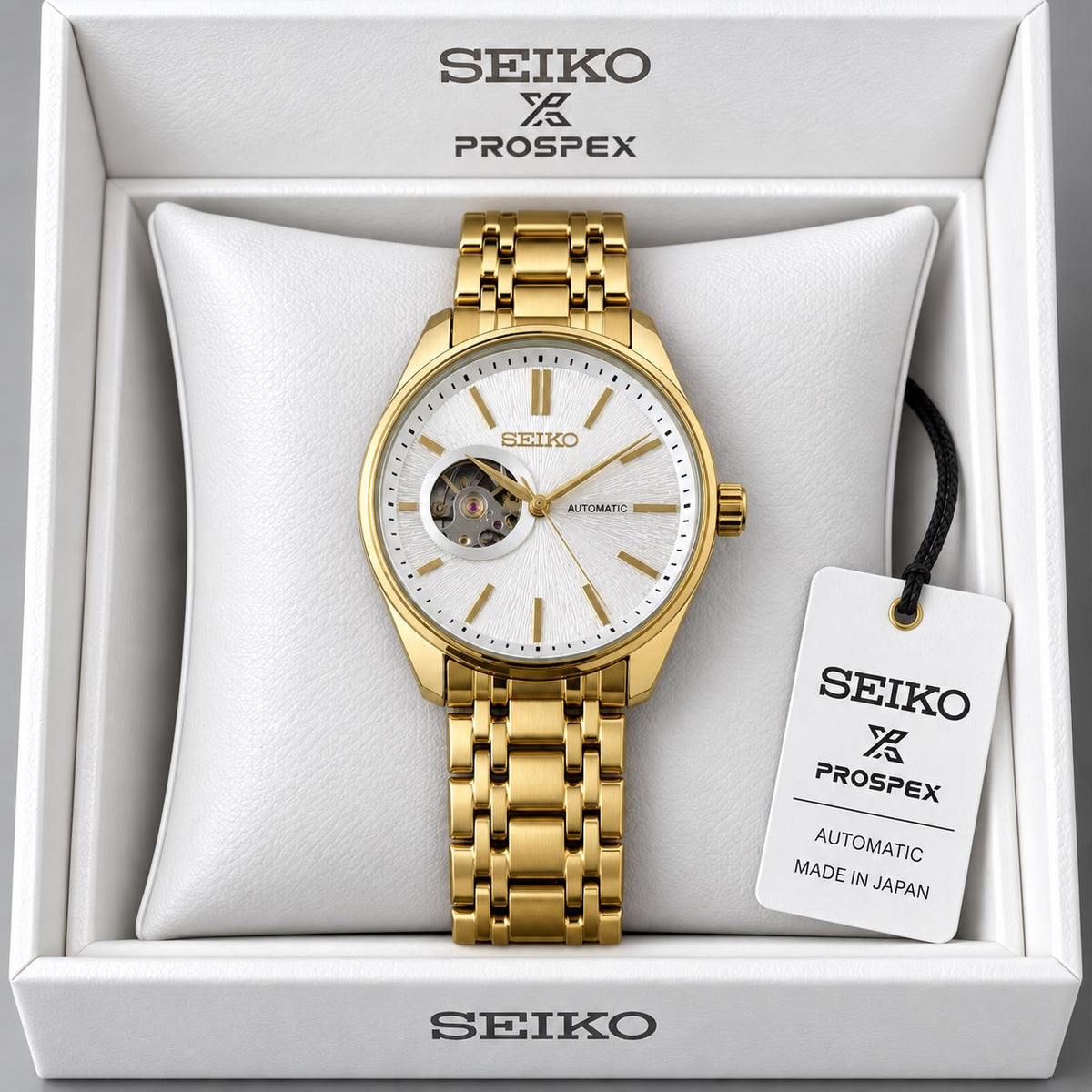 Men's White Dial Golden Champagne Dial Stainless Steel Automatic Open Heart Watch