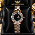 Emporio Armani Black Dial Diamond-Studded Rose Gold Watch