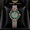 Emporio Armani Green Dial Crystal-Studded Two-Tone Watch