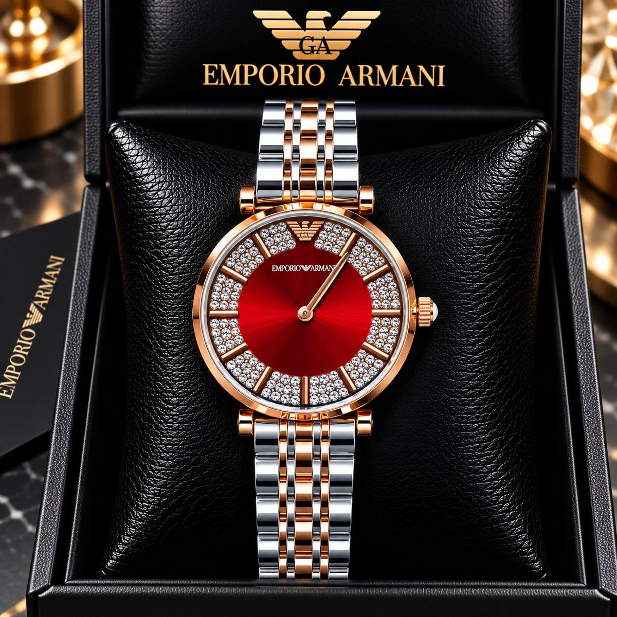Emporio Armani Red Dial Diamond-Studded Rose Gold Watch