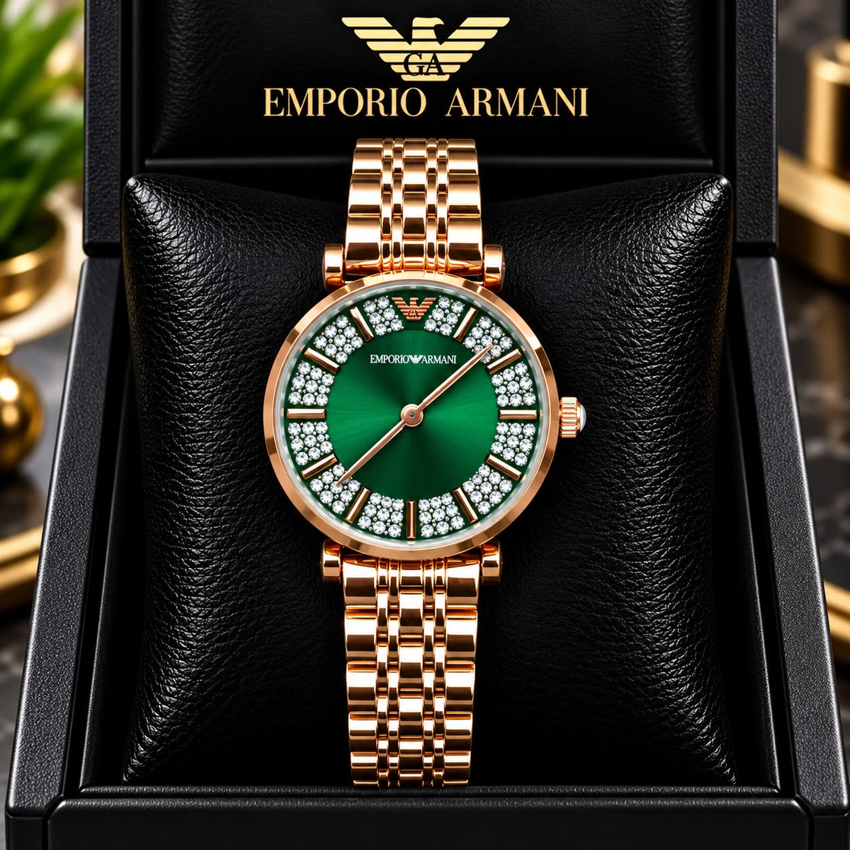 Emporio Armani Green Dial Diamond-Studded Rose Gold Watch
