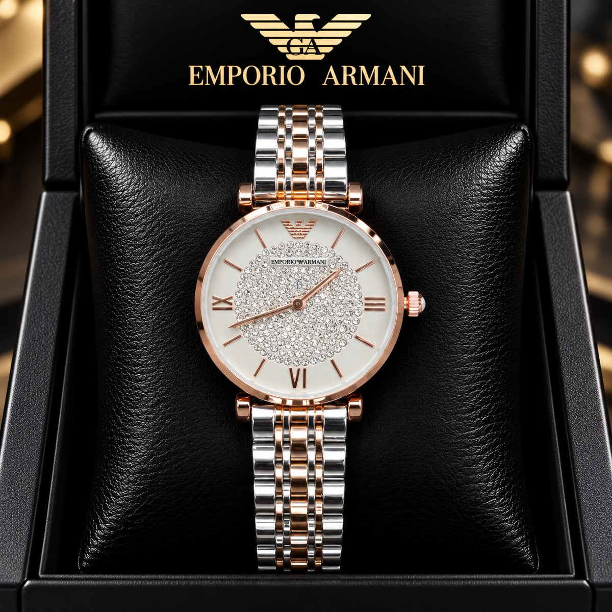 Emporio Armani Gray Dial Crystal-Studded Two-Tone Watch