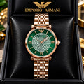 Emporio Armani Women’s Green Dial Crystal-Studded Rose Gold Watch