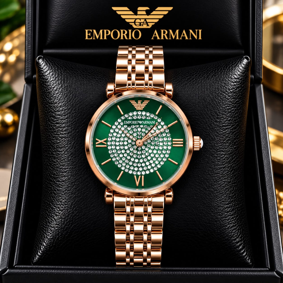 Emporio Armani Women’s Green Dial Crystal-Studded Rose Gold Watch