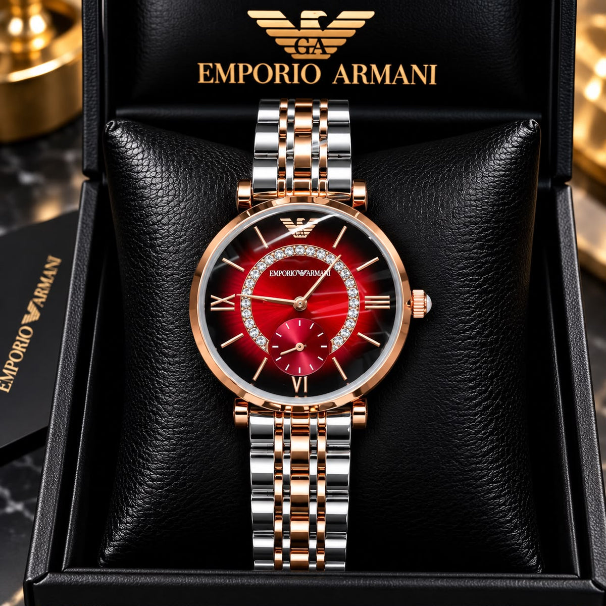 Emporio Armani Red Dial Diamond Ring Detail Two-Tone Watch