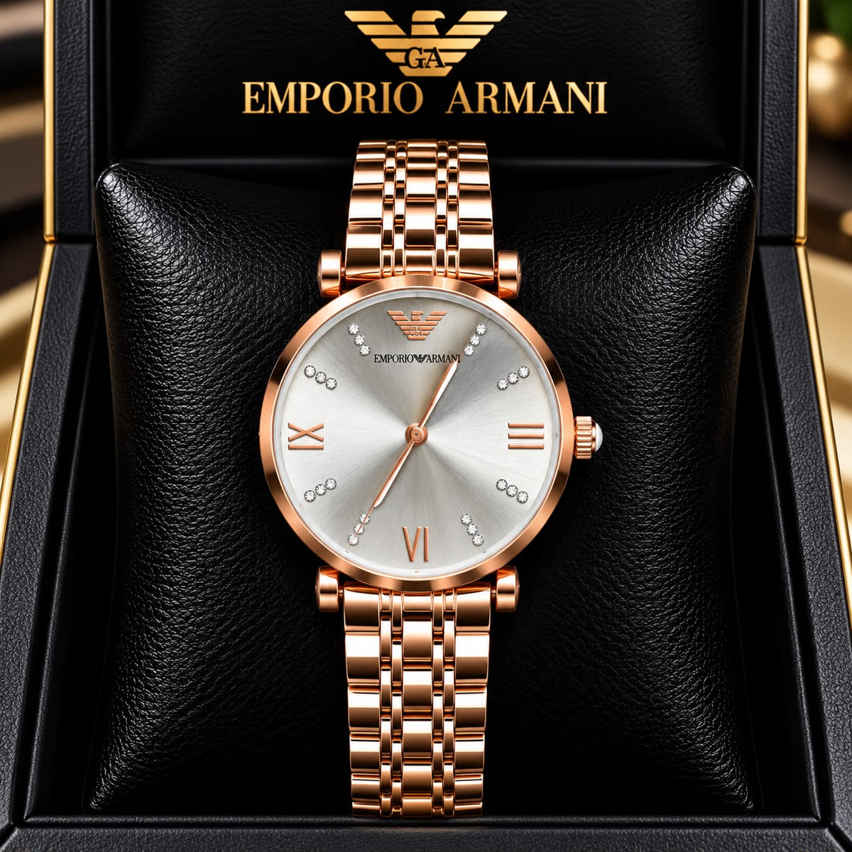 Emporio Armani Silver Dial Crystal-Studded Rose Gold Watch