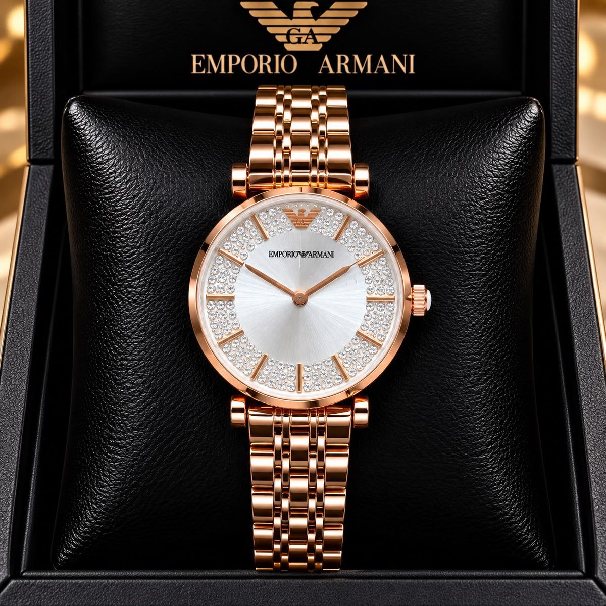 Emporio Armani White Dial Diamond-Studded Rose Gold Watch