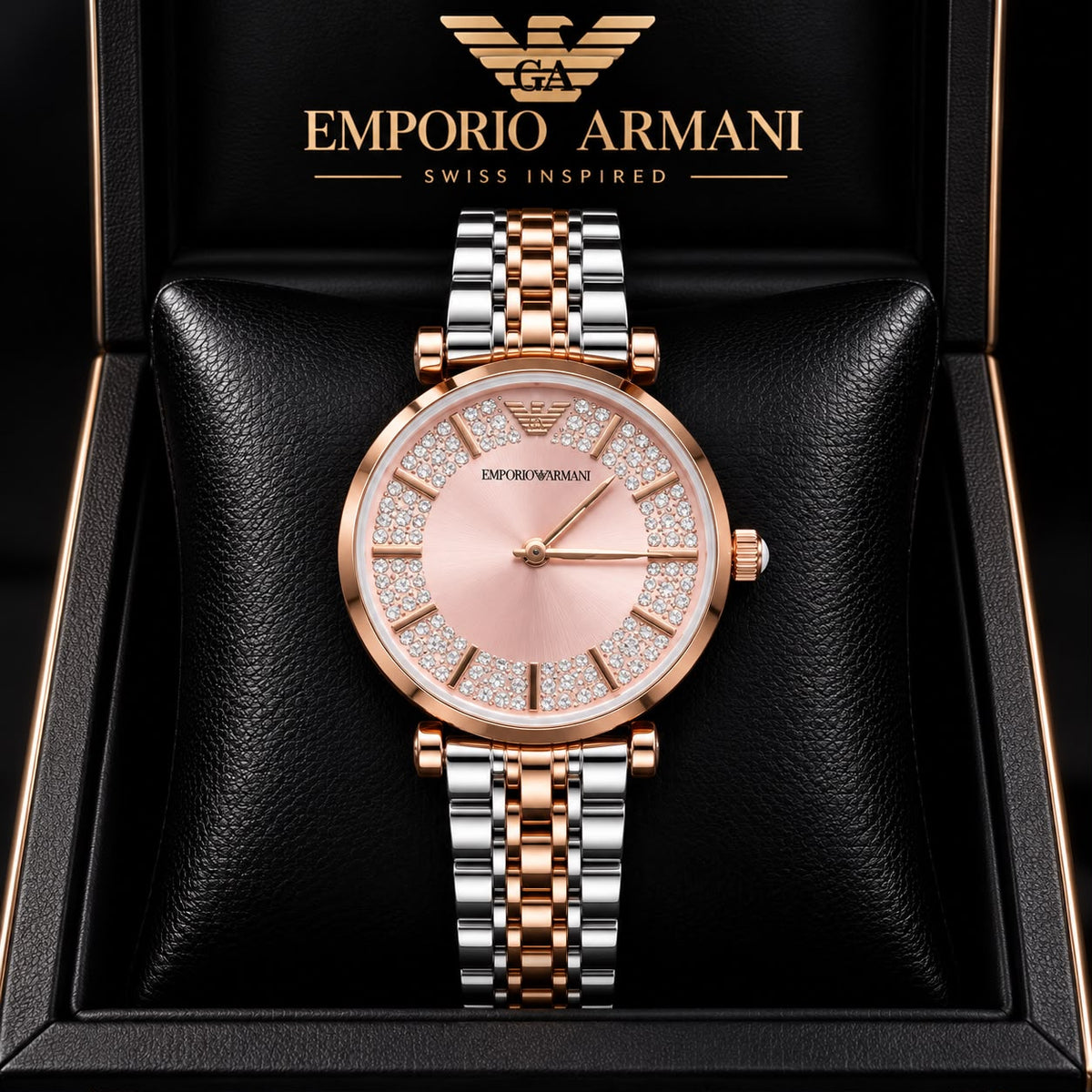 Emporio Armani Pink Dial Diamond-Studded Two-Tone Watch