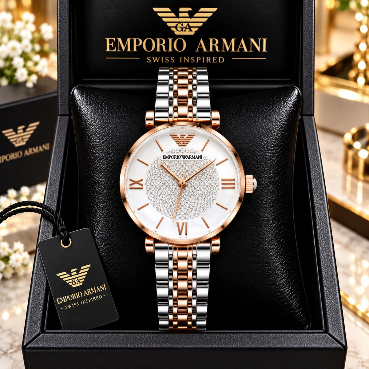 Emporio Armani White Dial Crystal-Studded Two-Tone Watch