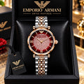 Emporio Armani Red Dial Crystal-Studded Two-Tone Watch