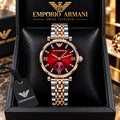 Emporio Armani Red Dial Crystal-Studded Two-Tone Watch