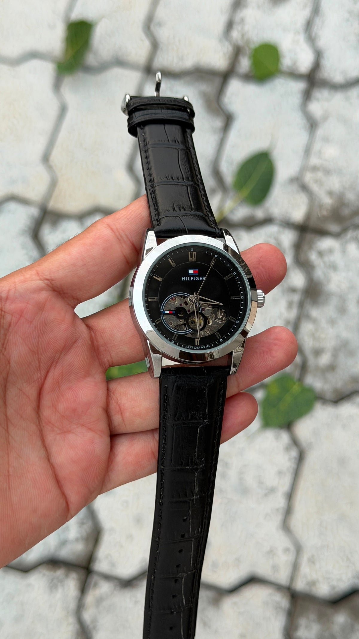 Tommy Hilfiger Automatic Classic Luxury Watch – Black Silver Dial & Black Leather Belt