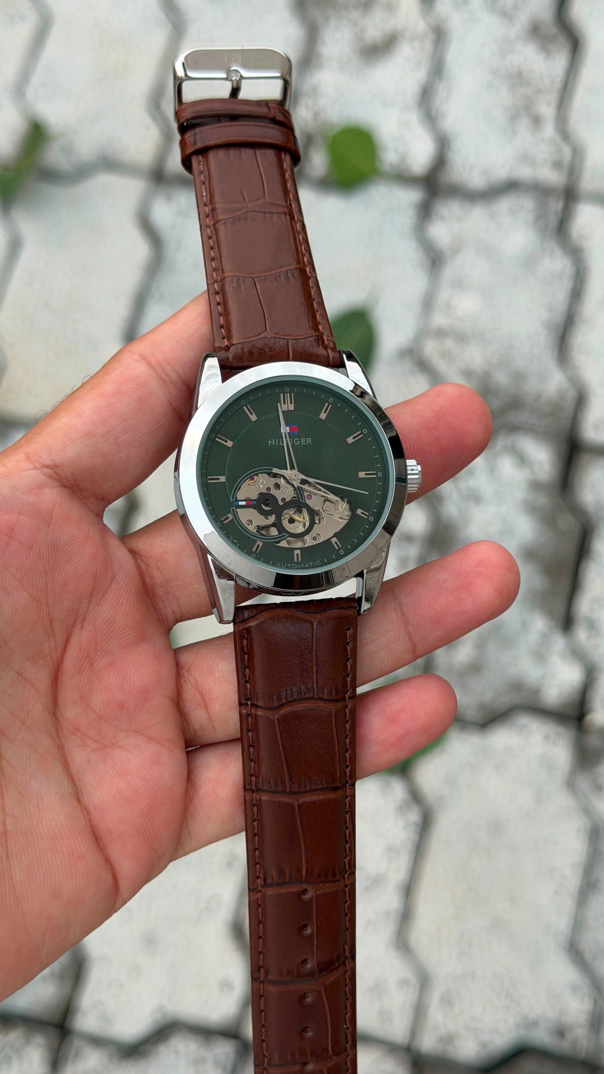 Tommy Hilfiger Automatic Classic Luxury Watch – Green Silver Dial & Brown Leather Belt