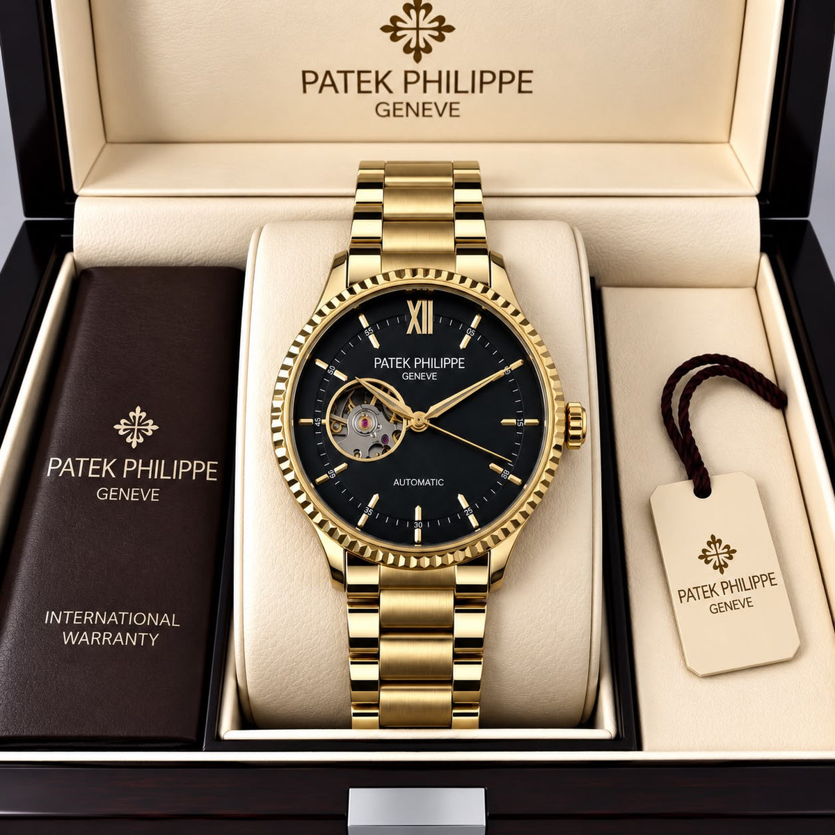 Patek Philippe Geneve Automatic Classic Luxury Watch - Black dial Gold Belt