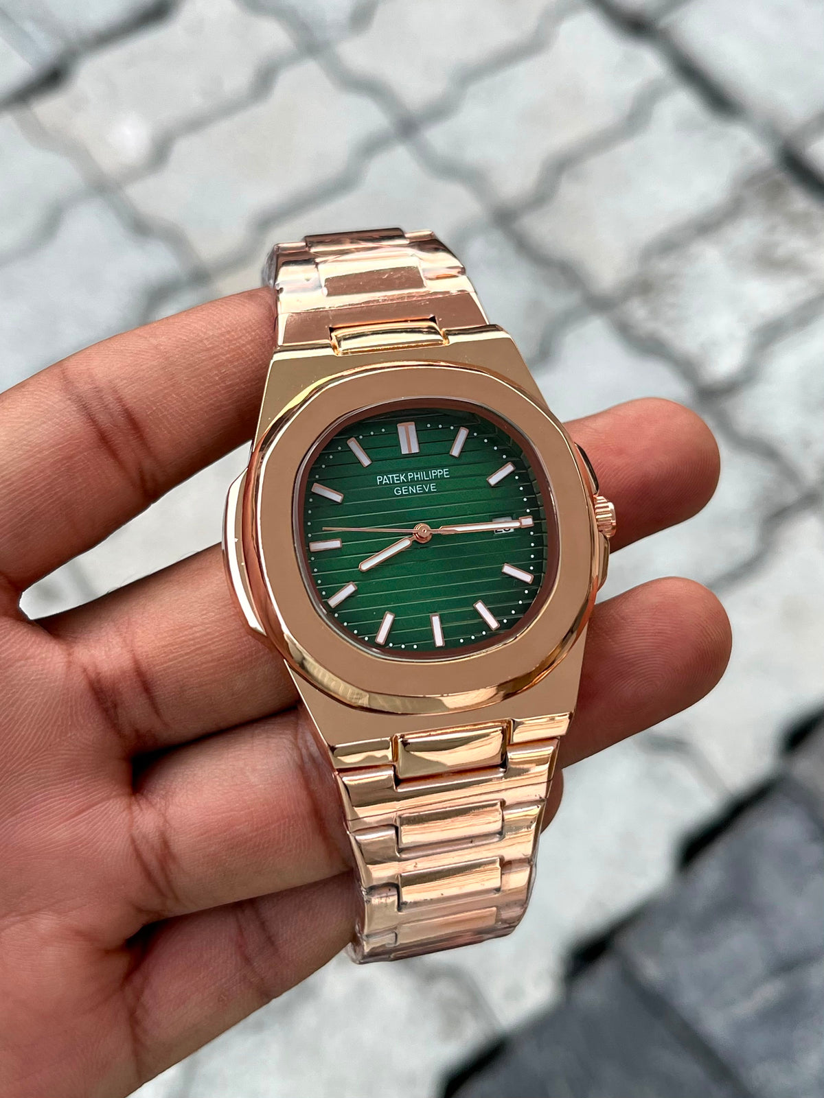 Patek Philippe Green Dial Rose Gold Stainless Steel Watch