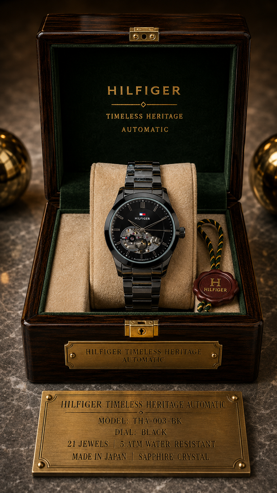 Tommy Hilfiger Men’s Automatic Skeleton Watch Stainless Steel Black Color Mechanical Wrist Watch