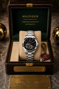 Tommy Hilfiger Men’s Automatic Skeleton Watch Stainless Steel Black Silver Color Mechanical Wrist Watch