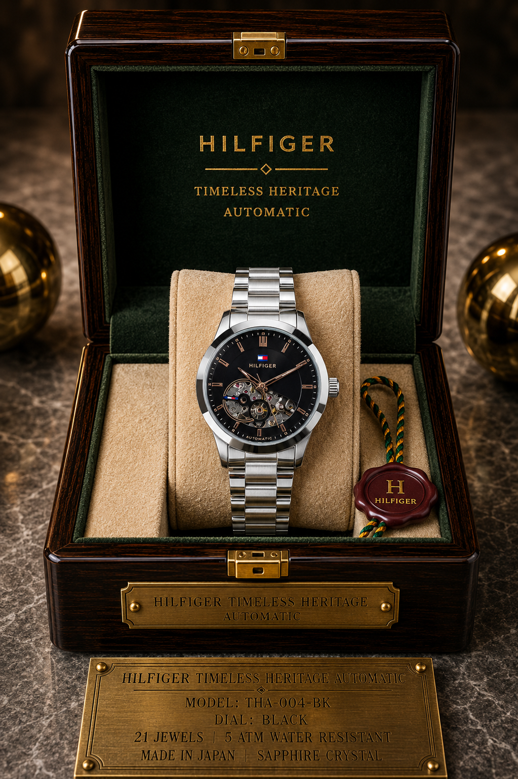 Tommy Hilfiger Men’s Automatic Skeleton Watch Stainless Steel Black Silver Color Mechanical Wrist Watch