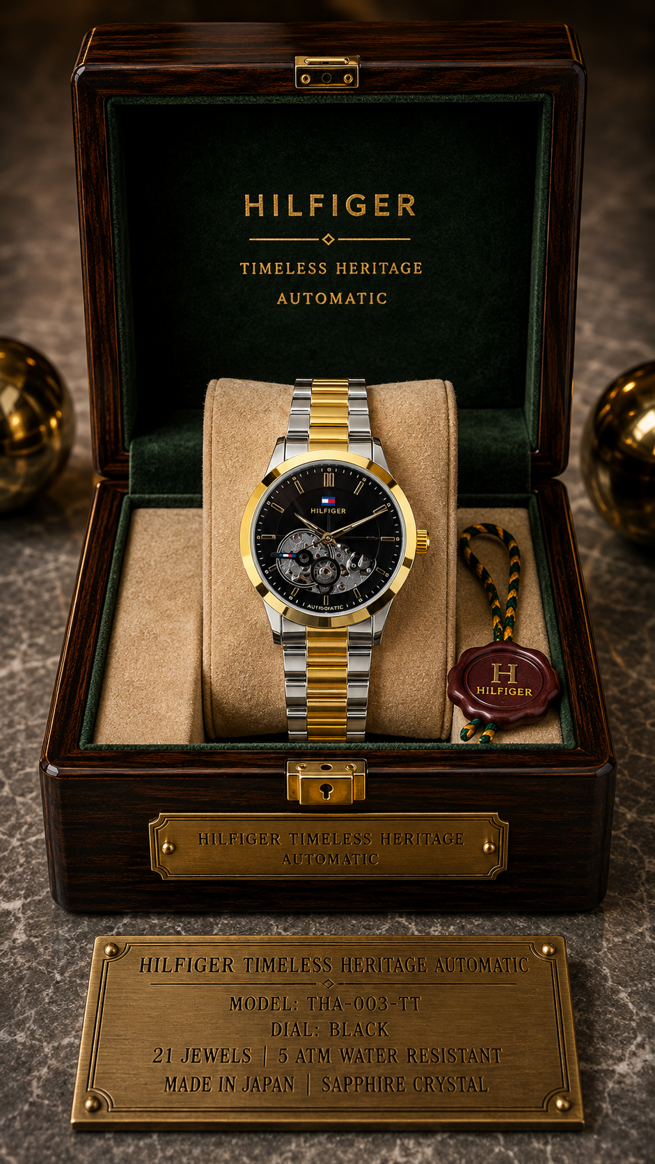 Tommy Hilfiger Men’s Automatic Skeleton Watch Stainless Steel Gold Black & Silver Color Mechanical Wrist Watch