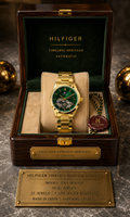 Tommy Hilfiger Men’s Automatic Skeleton Watch Stainless Steel Gold Green Color Mechanical Wrist Watch