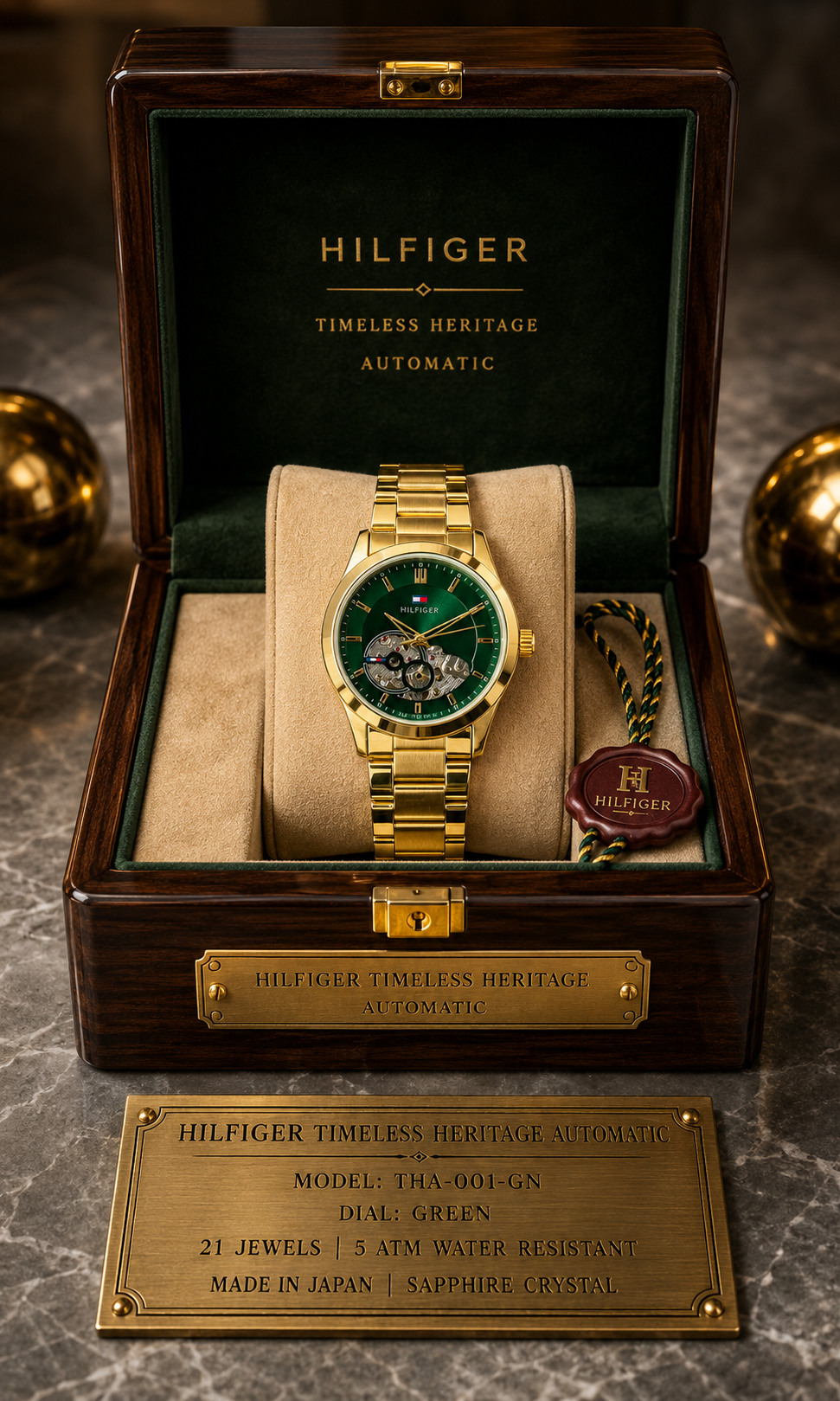 Tommy Hilfiger Men’s Automatic Skeleton Watch Stainless Steel Gold Green Color Mechanical Wrist Watch